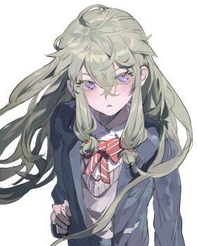 1girl absurdres aegyo_sal ahoge arm_at_side blazer blue_jacket blush bow bowtie collared_shirt crossed_bangs diagonal-striped_bow diagonal-striped_bowtie diagonal-striped_clothes floating_hair green_hair grey_sweater hair_between_eyes hand_on_own_hip highres jacket jordileonie kamiyama_high_school_uniform_(project_sekai) kusanagi_nene lapels long_hair long_sidelocks long_sleeves looking_at_viewer low-tied_sidelocks notched_lapels open_clothes open_jacket project_sekai purple_eyes red_bow red_bowtie school_uniform shirt sidelocks simple_background solo striped_bow striped_bowtie striped_clothes sweater upper_body v-neck white_background white_shirt wind