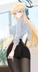 Rule 34 | 1girl, absurdres, alternate costume, black pantyhose, black skirt, blonde hair, blue archive, blue eyes, blue hair, blurry, blurry background, blush, bow, breasts, earrings, hair bow, half up braid, halo, headset, highres, indoors, jewelry, leavv, long hair, looking at viewer, looking back, medium breasts, miniskirt, multicolored hair, office lady, pantyhose, pencil skirt, plant, potted plant, shirt, shirt tucked in, skirt, solo, stud earrings, sweatdrop, toki (blue archive), two-tone hair, very long hair, white shirt