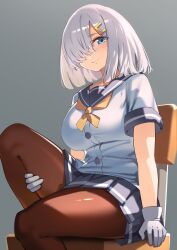 Rule 34 | 1girl, absurdres, black pantyhose, blue eyes, blush, breasts, buttons, chair, closed mouth, gloves, grey hair, grey sailor collar, grey skirt, hair ornament, hair over one eye, hairclip, hamakaze (kancolle), highres, kantai collection, large breasts, looking at viewer, pantyhose, pleated skirt, sailor collar, school uniform, serafuku, short hair, short sleeves, simplecar, sitting, skirt, solo, white gloves
