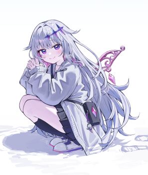 1girl absurdres alternate_costume bag black_skirt cardigan center-flap_bangs closed_mouth colored_inner_hair commentary deaver detached_wings double-parted_bangs from_side full_body gem grey_hair hair_flaps hand_jewel highres hololive hololive_english jewel_under_eye koseki_bijou long_hair long_sleeves looking_at_viewer multicolored_hair pink_hair pleated_skirt purple_eyes purple_gemstone shoes shoulder_bag simple_background skirt sleeves_past_wrists solo squatting very_long_hair virtual_youtuber white_background white_cardigan white_shoes wings