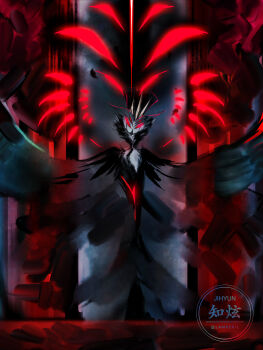 1boy absurdres beak bird blue_fur eldritch_abomination extra_eyes extra_teeth furry furry_male glowing glowing_eyes hat hellaverse helluva_boss highres lanveril monster no_pupils open_mouth owl red_eyes shadow signature spoilers stolas_(helluva_boss) talons wings