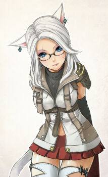 1girl animal_ears arms_behind_back bad_id bad_pixiv_id black-framed_eyewear blue_eyes cat_ears cat_tail cosplay cowboy_shot earrings eyeshadow female_focus final_fantasy final_fantasy_xiii final_fantasy_xiv frenchmaid_(made_in_frenchmaid) glasses jewelry lightning_farron lightning_farron_(cosplay) lips long_hair looking_at_viewer makeup miniskirt miqo&#039;te navel pleated_skirt scar scar_across_eye scar_on_face skirt solo sweater tail thigh_gap thighhighs warrior_of_light_(ff14) white_hair