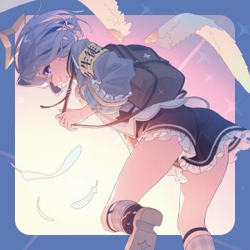 1girl amane_kanata amane_kanata_(1st_costume) angel angel_wings ankle_strap backpack bag black_dress blue_hair closed_mouth commentary_request cropped_jacket dress grey_hair hair_intakes hakua_(aiziro_039) highres hololive jacket looking_at_viewer smile solo virtual_youtuber white_jacket wings