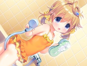 1girl :d ass bathroom blonde_hair blue_eyes blush breasts chishima_mako collarbone covered_erect_nipples cowboy_shot dutch_angle fang game_cg hair_between_eyes holding holding_shower_head holding_sponge indoors loli medium_hair non-web_source one-piece_swimsuit open_mouth orange_one-piece_swimsuit piyodera_mucha shower_head small_breasts smile solo soushisouai_lolita_no_seikatsu sponge swimsuit tile_wall tiles variant_set