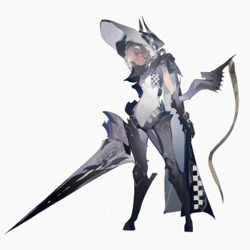 Rule 34 | 1girl, 4deung, absurdres, black boots, black cape, blonde hair, board game, boots, cape, chess, chess piece, commentary, commentary request, expressionless, glowing, glowing eyes, helmet, highres, holding, holding weapon, horns, knight (chess), leotard, looking at viewer, original, personification, polearm, red eyes, simple background, solo, thigh boots, weapon, white background, white hair, white leotard