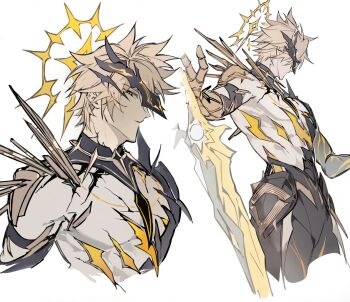 1boy alternate_form black_shirt blonde_hair gyulseu halo halo_behind_head highres holding holding_sword holding_weapon honkai:_star_rail honkai_(series) male_focus material_growth multiple_views phainon_(honkai:_star_rail) phainon_(khaslana)_(honkai:_star_rail) shirt simple_background spiked_hair sword torn_clothes torn_shirt weapon white_background yellow_blood yellow_eyes