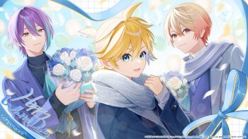 Rule 34 | 3boys, aqua streaks, artist name, balloon, black shirt, blonde hair, blue flower, blue jacket, blue sweater, blurry, blurry foreground, bouquet, closed mouth, collared shirt, commentary request, con potata, copyright notice, falling petals, flower, gradient hair, green eyes, grey jacket, grey scarf, grey sweater, guest art, hair between eyes, hand up, hands up, happy white day, highres, holding, holding bouquet, jacket, jewelry, kagamine len, kamishiro rui, lapels, long bangs, long hair between eyes, long sleeves, looking at viewer, male focus, multicolored hair, multiple boys, necklace, notched lapels, official art, open clothes, open jacket, open mouth, orange eyes, orange hair, petals, ponytail, project sekai, purple hair, purple jacket, ribbed sweater, scarf, second-party source, shirt, short hair, short ponytail, sidelocks, smile, spiked hair, streaked hair, sweater, tenma tsukasa, translation request, turtleneck, turtleneck shirt, two-tone hair, upper body, v-neck, vocaloid, white day, white flower, white shirt, yellow eyes, yellow petals