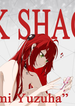 1girl absurdres ahoge alternate_hairstyle applying_manicure black_choker breasts choker closed_mouth completely_nude duplicate green_eyes hair_down hearing_aid highres holding holding_brush long_hair midfinger nail_polish nail_polish_brush nude painting_nails pixel-perfect_duplicate red_hair red_nails sitting smile solo ukinami_yuzuha very_long_hair zenless_zone_zero