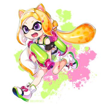 Rule 34 | 1girl, :d, aki rosenthal, aki rosenthal (gaming casual), alternate species, animal ears, bbcurry013, belt, black belt, black shirt, blonde hair, blush, cat ears, colored shoe soles, commentary, deformed, domino mask, eye mask, fangs, full body, hololive, ink tank (splatoon), inkling, long hair, looking ahead, low twintails, mask, no jacket, off-shoulder shirt, off shoulder, official alternate costume, official alternate hairstyle, open mouth, overall shorts, overalls, parted bangs, pointy ears, purple eyes, running, shirt, shoes, short eyebrows, smile, sneakers, solo, splatoonification, splattershot (splatoon), tentacle hair, twintails, untranslatable commentary, v-shaped eyebrows, virtual youtuber, white overalls, white shoes