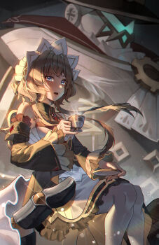 1girl 1other absurdres black_sleeves blue_eyes breasts brown_hair commentary_request cup detached_collar detached_sleeves dress feet_out_of_frame fingernails frilled_dress frills gem genshin_impact hair_between_eyes highres holding holding_cup humanoid_robot lisa_78 long_hair long_sleeves medium_breasts nail_polish open_mouth pulonia_(genshin_impact) red_gem robot sandrone_(genshin_impact) strapless strapless_dress teacup thighhighs white_dress white_thighhighs wide_sleeves yellow_nails