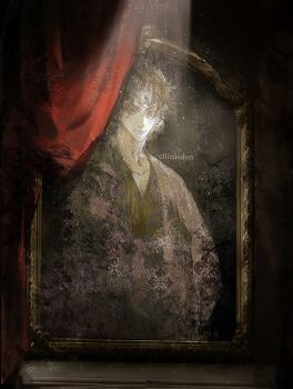 Rule 34 | 1boy, absurdres, aegyo sal, black hair, black robe, commentary, crescent, curtained hair, curtains, ellieaedon, english commentary, expressionless, facial mark, floral print, forehead mark, highres, light particles, looking at viewer, male focus, noctis (shadow slave), painting (object), portrait, robe, shadow slave, short hair, solo, spotlight