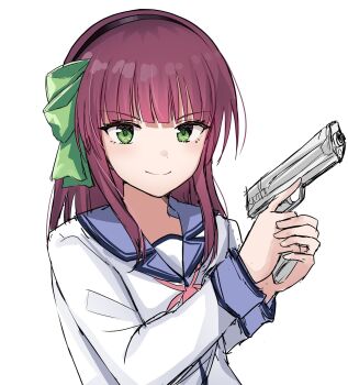 >:) 1girl absurdres angel_beats! black_hairband blunt_bangs bow closed_mouth commentary eyelashes green_bow green_eyes gun hair_bow hairband handgun hands_up highres holding holding_gun holding_weapon index_finger_raised long_sleeves looking_at_viewer medium_hair nakamura_yuri rrtp shinda_sekai_sensen_uniform shirt simple_background sketch smile smug solo split_mouth tsurime upper_body v-shaped_eyebrows weapon white_background white_shirt