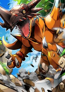 ayo_(ayosanri009) claws cloud commentary_request crack cracked_floor debris digimon digimon_(creature) geogreymon highres motion_blur no_humans open_mouth orange_eyes outdoors sharp_teeth signature teeth tree