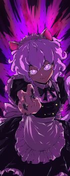 1girl absurdres alternate_costume animal_ears apron black_dress breasts cat_ears cat_girl cat_tail chimera_ant curly_hair dress enmaided fingernails frilled_apron frills highres hunter_x_hunter law1353460 maid maid_apron maid_headdress neferpitou nen_(hunter_x_hunter) sharp_fingernails short_hair smile solo tail waist_apron white_apron white_hair