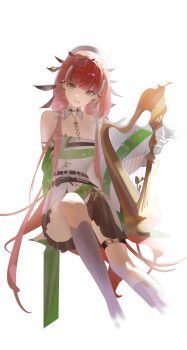 :d absurdres arknights bare_shoulders belt black_belt black_dress chinese_commentary collar commentary_request cropped_legs detached_collar dress e-razor earrings erato_(arknights) feathered_hair gloves green_dress green_eyes hat highres holding holding_instrument instrument jewelry kneehighs looking_at_viewer mole mole_under_each_eye mole_under_eye multicolored_dress multiple_moles open_mouth red_hair red_pupils short_dress simple_background sitting smile socks thigh_strap white_background white_collar white_dress white_gloves white_hat white_socks