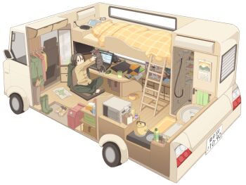 1girl ahoge alarm_clock animal bed black_cat black_hair book boots bowl bread calendar calendar_(object) car car_interior cardigan cat clock clothes_hanger coat computer cup desk food gas_can green_boots holding holding_animal indian_style itou_(mogura) jerry_can kettle ladder laptop license_plate long_sleeves map microwave motor_vehicle motorhome mug notebook original pants pet_bowl recreational_vehicle rubber_duck rv_interior shelf shoes shower_(place) shower_head sink sitting teapot towel unworn_boots unworn_coat unworn_shoes yellow_shoes