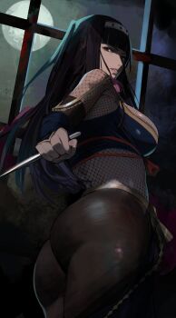 1girl arm_blade ass black_eyes black_hair black_shirt bodystocking breasts female_focus fire_emblem fire_emblem_awakening fire_emblem_heroes fishnet_bodystocking fishnets headband highres j@ck japanese_clothes large_breasts long_hair matching_hair/eyes moon ninja nintendo official_alternate_costume red_scarf scarf shirt solo tharja_(fire_emblem) tharja_(ninja)_(fire_emblem) thick_thighs thighs two_side_up weapon window