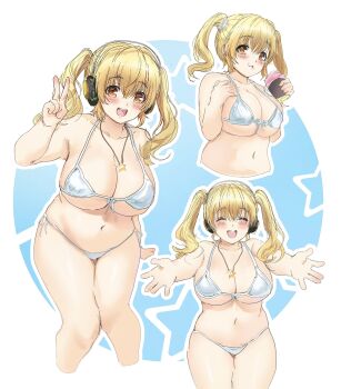 1girl bikini blonde_hair blue_background blush breasts cleavage closed_eyes closed_mouth cowboy_shot cropped_legs cropped_torso eating food headphones highres hinaumma holding holding_food huge_breasts jewelry large_breasts long_hair looking_at_viewer multiple_views navel necklace nitroplus open_mouth outline outstretched_arms star_(symbol) star_necklace straight-on super_pochaco swimsuit tareme thick_thighs thighs twintails v white_background white_bikini white_outline