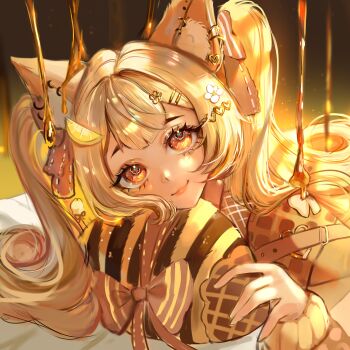 1girl absurdres animal_ears bed blonde_hair brown_background buckle ear_piercing food fruit gold gradient_background hair_ornament hat_grab heart_ornament highres honey lemon lemon_slice lips long_hair looking_at_viewer nastik original piercing ribbon sliced_fruit smile twintails yellow_eyes
