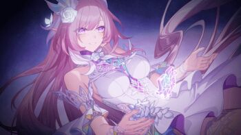 1girl animated animated_gif bare_shoulders chinese_commentary commentary_request cyrene_(honkai:_star_rail) cyrene_(ripples_of_past_reverie)_(honkai:_star_rail) diamond-shaped_pupils diamond_(shape) dress earrings flower hair_flower hair_ornament honkai:_star_rail honkai_(series) jewelry long_hair madyy multicolored_hair pink_hair pointy_ears purple_eyes puzzle_piece smile solo symbol-shaped_pupils thighs two-tone_hair very_long_hair white_dress white_hair