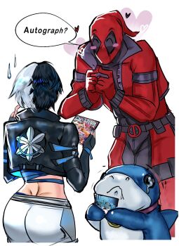 1girl absurdres arialla_draws ass bodysuit dazzler deadpool deadpool_(series) gloves hashtag-only_commentary highres jeff_(marvel) looking_at_another luna_snow marvel marvel_rivals mask multicolored_bodysuit muscular red_bodysuit red_mask shark short_hair superhero_costume two-tone_bodysuit