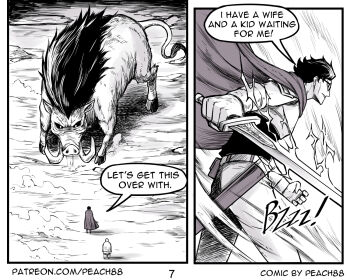 2boys boar cape electricity english_text glasses highres monster multiple_boys original peach88 power sheath short_hair sword tusks weapon