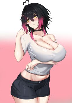 1girl absurdres ahoge ass black_choker black_hair black_shorts blush breasts choker cleavage closed_mouth collarbone colored_tips commentary cowboy_shot cropped_shirt diamond-shaped_pupils diamond_(shape) english_commentary frown genderswap genderswap_(mtf) gradient_background gradient_hair groin hair_between_eyes hair_intakes hair_ornament hairclip hand_up heart heart_ahoge highres huge_ass huge_breasts lansulynn looking_to_the_side lynn_(lansulynn) medium_breasts messy_hair midriff multicolored_hair off_shoulder original pink_background pink_hair short_shorts short_sleeves shorts sidelocks skindentation solo symbol-shaped_pupils textless_version thick_thighs thighs two-tone_background two-tone_hair white_background wide_sleeves yellow_eyes