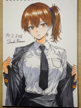 Rule 34 | 1girl, alternate costume, artist name, black jacket, black necktie, black skirt, breast pocket, breasts, brown eyes, brown hair, collared shirt, commentary request, dated, hair between eyes, highres, hisama tomoki, jacket, kaga (kancolle), kantai collection, large breasts, long sleeves, looking at viewer, marker (medium), military dress uniform, military rank insignia, military uniform, naval dress uniform, naval uniform, necktie, one-hour drawing challenge, open clothes, open jacket, pocket, shirt, short hair, short side ponytail, side ponytail, skirt, solo, traditional media, undressing, upper body, white shirt