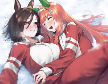 2girls air_groove_(umamusume) animal_ears blue_eyes blunt_bangs blush bow breasts breath brown_hair closed_eyes commentary_request ear_bow ear_covers grin hair_between_eyes hair_ornament hairband highres hime_cut horse_ears horse_girl jacket long_hair lying multiple_girls on_back open_mouth orange_hair pants red_jacket red_pants red_track_suit short_hair silence_suzuka_(umamusume) smile snow sugamo_(rainysnowy108) teeth tracen_training_uniform track_jacket track_pants track_suit umamusume white_hairband yuri