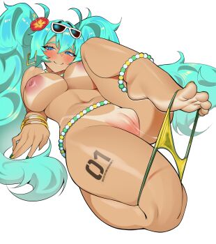 1girl absurdres anklet aqua_hair bare_legs barefoot bead_anklet bead_choker beads belly_chain bikini bikini_bottom_only bikini_tan blue_eyes blush bracelet brazilian_miku breasts dark-skinned_female dark_skin earrings eyewear_on_head feet flower foot_up full_body gold_earrings green_nails hair_flower hair_ornament haruse_(kichiroharuse) hatsune_miku highres holding_with_feet inverted_nipples jewelry large_areolae large_breasts light-skinned_soles long_hair looking_at_viewer multiple_bracelets nail_polish navel nude pussy pussy_juice pussy_juice_trail rectangular_earrings smile solo solo_focus sunglasses swimsuit tan tanline tattoo thighs toenail_polish toenails toes twintails uncensored undressing vocaloid white-framed_eyewear white_background yellow_nails