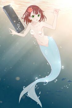 1girl :o absurdres air_bubble arm_up blunt_bangs bracelet breasts brown_hair bubble cellphone censored collarbone completely_nude flower green_eyes hair_flower hair_ornament hibiscus highres jewelry looking_at_phone mermaid monster_girl navel necklace nude open_mouth original paid_reward_available pearl_bracelet pearl_necklace phone revision rinshi short_hair sidelocks small_breasts smartphone takamine_rin_(rinshi) underwater