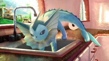 3d animated artist_name audible_music blinking bright_pupils brown_eyes cat_under_faucet_(meme) commentary day eevee english_commentary faucet gen_1_pokemon indoors meme nintendo no_humans paper_towel pokemon pokemon_(creature) pokemon_focus sink sound spyrook tagme tongue tongue_out vaporeon video water window
