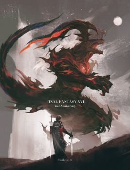 1boy 1other absurdres anniversary armor black_armor black_cloak black_gloves black_hair black_pants blue_eyes clive_rosfield cloak commentary copyright_name dual_persona english_commentary final_fantasy final_fantasy_xvi gloves highres holding holding_sword holding_weapon ifrit_(final_fantasy) male_focus metal_gloves monster open_mouth pants red_vest short_hair standing sword sword_on_back twitter_username vest weapon weapon_on_back wibble_w