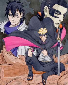 3boys black_boots black_cape black_hair black_headband blonde_hair blue_eyes boots boruto:_two_blue_vortex brentonsart cape coat commentary earrings english_commentary facial_mark forehead_protector frown grey_eyes headband highres holding holding_sword holding_weapon jewelry kawaki_(boruto) male_focus multicolored_hair multiple_boys naruto_(series) one_eye_closed open-toe_boots partially_unbuttoned rinnegan ryu_(boruto) scar scar_across_eye scar_on_face serious sitting stud_earrings sword two-sided_cape two-sided_fabric two-tone_hair undercut uzumaki_boruto weapon whisker_markings white_coat
