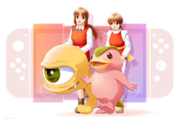 Rule 34 | 1990s (style), 2girls, :d, ahoge, ankle boots, boots, brown hair, celebration, collared shirt, colt (monster farm), commentary request, creature, dated, game console, hair between eyes, highres, holly (monster farm), long hair, long sleeves, looking at another, mocchi (monster farm), monster (monster farm), monster farm, multiple girls, nintendo switch, open mouth, pants, pipoo, ponytail, red eyes, retro artstyle, revision, sash, shirt, short hair, smile, suezo, undershirt, white pants, white shirt, yellow sash