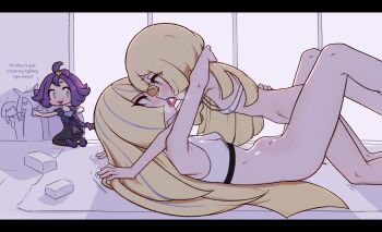 1futa 4girls ? acerola_(pokemon) black_pants blonde_hair blue_eyes bottomless breasts commentary english_commentary english_text french_kiss futa_with_female futanari green_eyes grey_eyes hair_over_one_eye incest indoors kiss large_penis lillie_(pokemon) liveactors loli looking_at_viewer lusamine_(pokemon) lying mixed-language_commentary mother_and_daughter multiple_girls nintendo on_back open_mouth pants penis pokemon pokemon_sm purple_hair purple_shirt see-through_body sex shirt small_breasts sports_bra stomach_bulge strapless tongue tongue_out tube_top