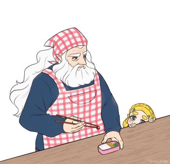 1boy 1girl alternate_costume apron beard bento blonde_hair blue_shirt braid child chopsticks commentary_request crown_braid facial_hair father_and_daughter full_beard green_eyes highres holding holding_chopsticks long_sleeves nintendo pink_apron plaid_apron plaid_clothes princess_zelda rhoam_bosphoramus_hyrule shirt teraichigo the_legend_of_zelda the_legend_of_zelda:_breath_of_the_wild white_background white_hair