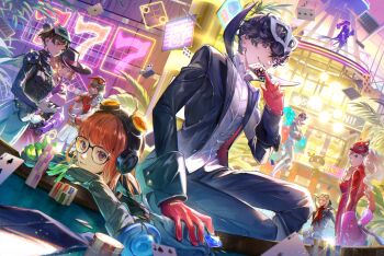 akechi_gorou amamiya_ren biker_clothes bikesuit black-framed_eyewear black_coat blonde_hair blue_bodysuit bodysuit brown_hair casino casino_card_table coat fox_(persona_5) gem glass gloves goggles goggles_on_head grin highres indoors joker_(persona_5) kitagawa_yuusuke long_coat long_hair looking_at_viewer mask mask_on_head morgana_(persona_5) niijima_makoto noir_(persona_5) okumura_haru oracle_(persona_5) orange_hair panther_(persona_5) persona persona_5 persona_5_the_royal phantom_thief pink_shirt poker_chip poker_table queen_(persona_5) red_bodysuit red_gloves sakamoto_ryuuji sakura_futaba shamoji_pe shirt skull_(persona_5) smile table takamaki_anne twintails unworn_mask violet_(persona_5) yoshizawa_kasumi