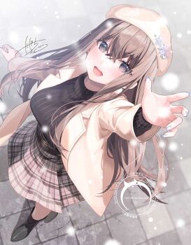 1girl :d arm_up black_boots black_sweater boots breasts brown_hair brown_hat brown_jacket commentary_request grey_eyes grey_nails grey_skirt hat jacket kagachi_saku large_breasts long_hair long_sleeves nail_polish open_mouth original plaid_clothes plaid_skirt pleated_skirt ribbed_sweater signature skirt smile snowflakes solo standing sweater turtleneck turtleneck_sweater very_long_hair watermark