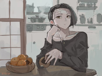 1girl absurdres black_hair blunt_bangs cooking_pot eating food fruit highres itadori_kaori jujutsu_kaisen kakapyramid kenjaku kotatsu mandarin_orange scar scar_on_face scar_on_forehead senbei shouji sliding_doors solo stitched_forehead stove table yellow_eyes