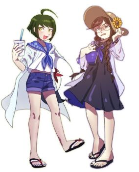 2girls ahoge alternate_costume alternate_hairstyle black_dress black_nails black_sandals blue_nails blue_sailor_collar blue_shorts book bracelet braid brown_hair brown_hat collared_shirt cup danganronpa_(series) danganronpa_another_episode:_ultra_despair_girls dress drink drinking_straw dyeodyeo_(dyumado) eyelashes fingernails flower fukawa_toko full_body glasses green_eyes green_hair hair_over_shoulder hat hat_flower holding holding_book holding_cup holding_drink holding_swim_ring innertube jacket jewelry multiple_girls naegi_komaru nail_polish neckerchief open_clothes open_jacket open_mouth purple_neckerchief sailor_collar sandals shirt short_hair shorts side_braid simple_background single_braid smile sun_hat sweatdrop swim_ring third-party_source toenail_polish toenails white_background white_jacket white_shirt yellow_flower