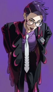 1boy 987645321o black-framed_eyewear black_hair black_jacket black_pants collared_shirt corbeau_(pokemon) glasses highres jacket long_sleeves looking_at_viewer male_focus necktie nintendo open_clothes open_jacket open_mouth pants parted_hair pokemon pokemon_legends:_z-a purple_background purple_hair purple_shirt round_eyewear shirt short_hair short_sideburns solo teeth tongue tongue_out undercut upper_teeth_only white_necktie yellow_eyes