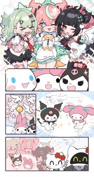 Rule 34 | > <, 3girls, :d, angels of delusion, aqua streaks, aria (zenless zone zero), arm warmers, bandaid, bandaid hair ornament, bangboo (zenless zone zero), black choker, black hair, black skirt, black thighhighs, bow, center frills, chibi, chibi only, choker, crossed bangs, double v, dress, earrings, fingerless gloves, frills, fur-trimmed skirt, fur-trimmed sleeves, fur trim, gloves, green bow, green hair, green halo, hair between eyes, hair ornament, halo, hello kitty, highres, jewelry, looking at viewer, multiple girls, musical note earrings, my melody (series), nangong yu, necktie, one eye closed, open mouth, pink arm warmers, pink bag, pink gloves, red eyes, red necktie, sanrio, sashacall, shirt, skirt, smile, speech bubble, striped arm warmers, sunna (zenless zone zero), tears, thighhighs, thought bubble, v, white dress, white shirt, white wings, winged bag, wings, y2k fashion, zenless zone zero