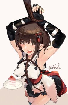 Rule 34 | 1girl, @ @, arms up, black gloves, black skirt, brown eyes, brown hair, buttons, cake, cake slice, double-breasted, elbow gloves, food, fuwafuwatoufu, gloves, hashtag-only commentary, highres, kantai collection, one-hour drawing challenge, red shirt, rope, sailor collar, sendai (kancolle), sendai kai ni (kancolle), shibari, shibari over clothes, shirt, short hair, simple background, skirt, sleeveless, sleeveless shirt, solo, twitter username, two side up, upper body, white background, white sailor collar