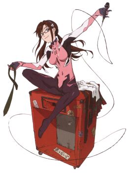 Rule 34 | absurdres, bodysuit, breasts, brown hair, glasses, highres, hiramatsu tadashi, makinami mari illustrious, mecha pilot suit, microphone, neon genesis evangelion, official art, pink bodysuit, plugsuit (evangelion), rebuild of evangelion, red skirt, shirt, simple background, skirt, socks, sticker, unworn skirt, white background, white shirt