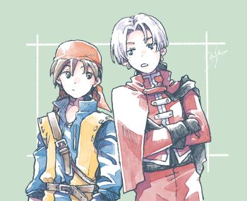 2boys artist_name bandana black_gloves blue_jacket brown_hair capelet crossed_arms dragon_quest dragon_quest_vi dragon_quest_viii earrings gloves green_background grey_hair hero_(dq8) hoop_earrings jacket jewelry kukuru_(dq8) male_focus michibata_65 multiple_boys open_mouth orange_bandana pants parted_bangs red_capelet red_jacket red_pants upper_body vest yellow_vest