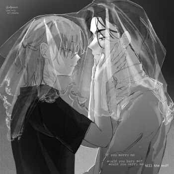 Rule 34 | 2boys, alien stage, commentary, english text, fang, fang out, greyscale, half updo, hands on another's face, hashtag-only commentary, highres, ivan (alien stage), male focus, medium hair, monochrome, multiple boys, nataboke, scar, scar on neck, see-through clothes, see-through veil, shared veil, shirt, short hair, signature, symbol-only commentary, till (alien stage), veil, yaoi