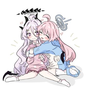 2girls ahoge black_halo blue_archive closed_eyes closed_mouth commentary_request e_v_e_neko grey_hair grey_halo hair_ornament hairclip halo highres hina_(blue_archive) hina_(pajamas)_(blue_archive) horns hoshino_(blue_archive) hug long_hair long_sleeves multiple_girls open_mouth pajamas pink_hair purple_eyes sitting socks wariza white_background white_socks wings yuri