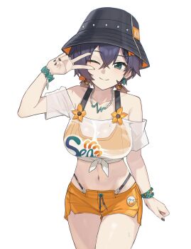 1girl ;) belle_(summer_skies)_(zenless_zone_zero) belle_(zenless_zone_zero) black_hat blue_hair breasts bucket_hat closed_mouth cowboy_shot crop_top green_eyes hair_ornament hat highres large_breasts letter_hair_ornament looking_at_viewer midriff navel noir_(noir_reveur) official_alternate_costume one_eye_closed orange_shorts see-through_clothes see-through_shirt shirt shorts smile solo tied_shirt v v_over_eye white_shirt zenless_zone_zero