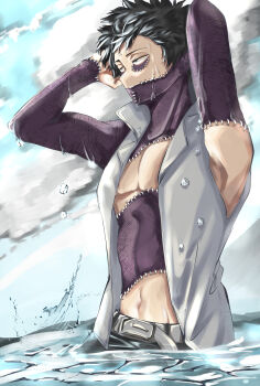 1boy absurdres arms_behind_head bare_chest barururunru belt black_hair boku_no_hero_academia burn_scar cloud cloudy_sky dabi_(boku_no_hero_academia) dripping half-closed_eyes highres multiple_scars navel open_clothes open_vest piercing scar sky solo stapled vest water water_drop